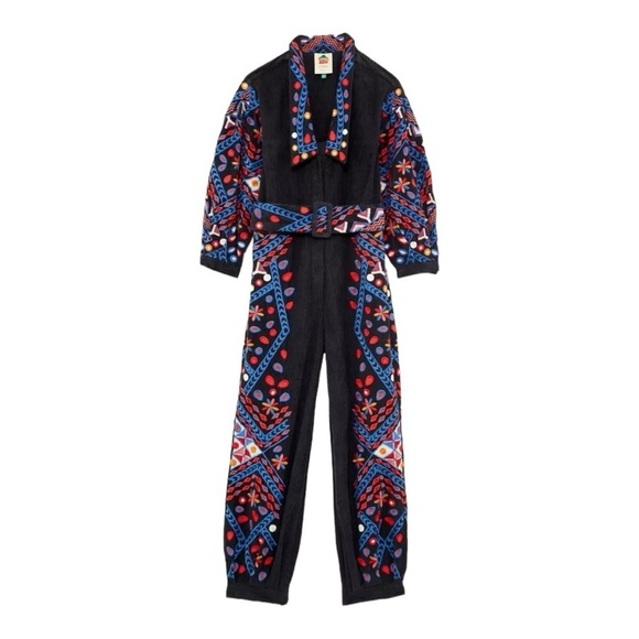 FARM RIO Embroidered Corduroy Jumpsuit in Navy Blue Size XL - Picture 1 of 10